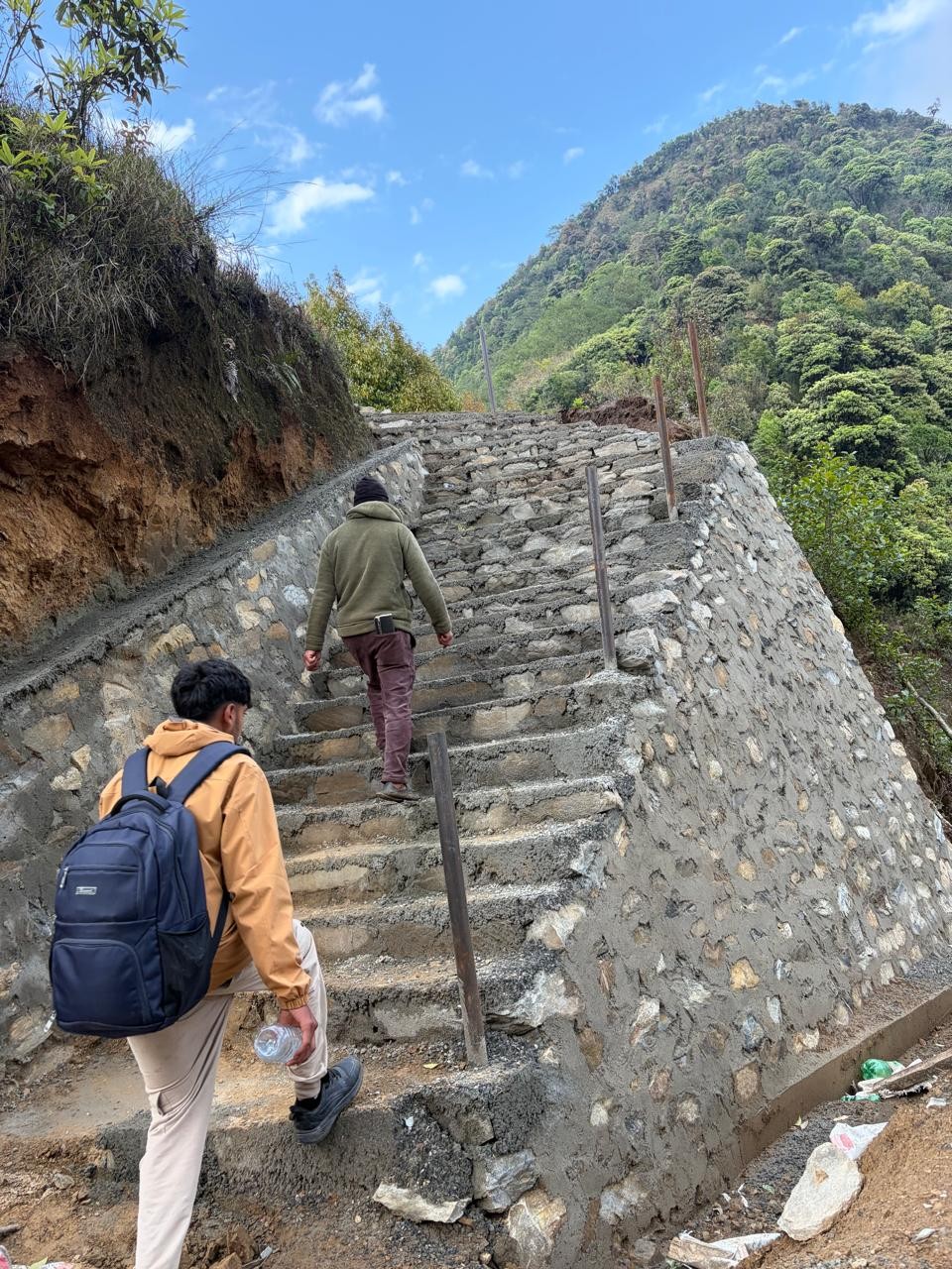 Stone stairs and retaining structure on the mountain trail